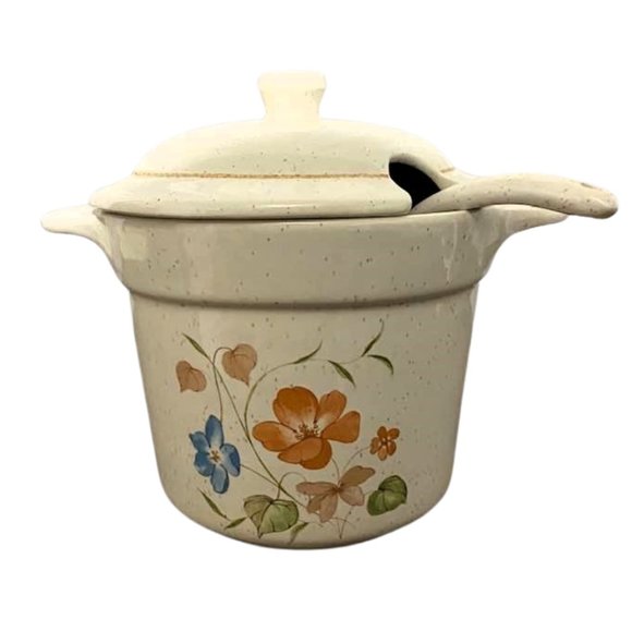 Vintage 1.5 Quart Speckled Floral Soup Tureen Serving Bowl And Ladle - Picture 1 of 14